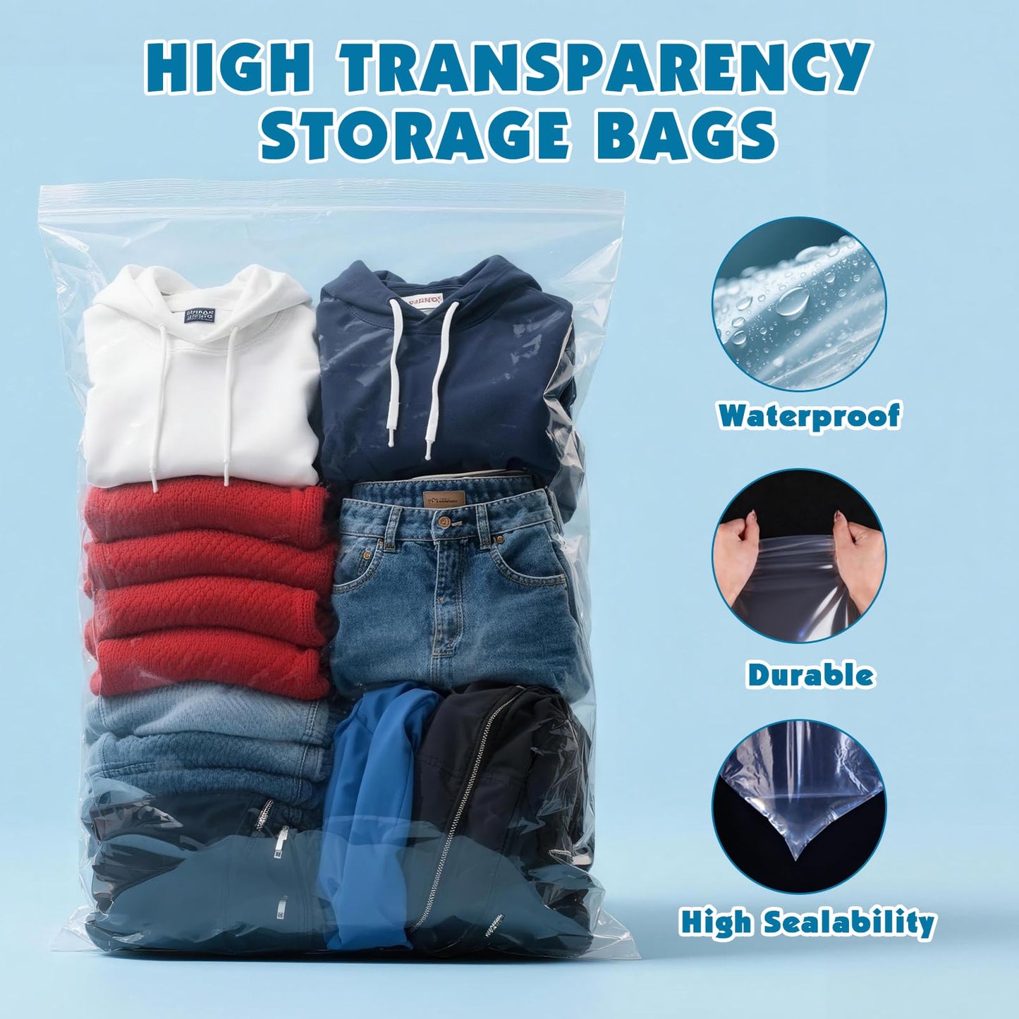 20 Pack Large 5 Gallon Storage Bags with Zipper Top, 18 x 24 inch Zipper Bags, Clear Plastic Bag for Storage, Reusable, Sealable Storage Bag for Clothes, Travel & Moving, Double-sided Thickness 4 Mil