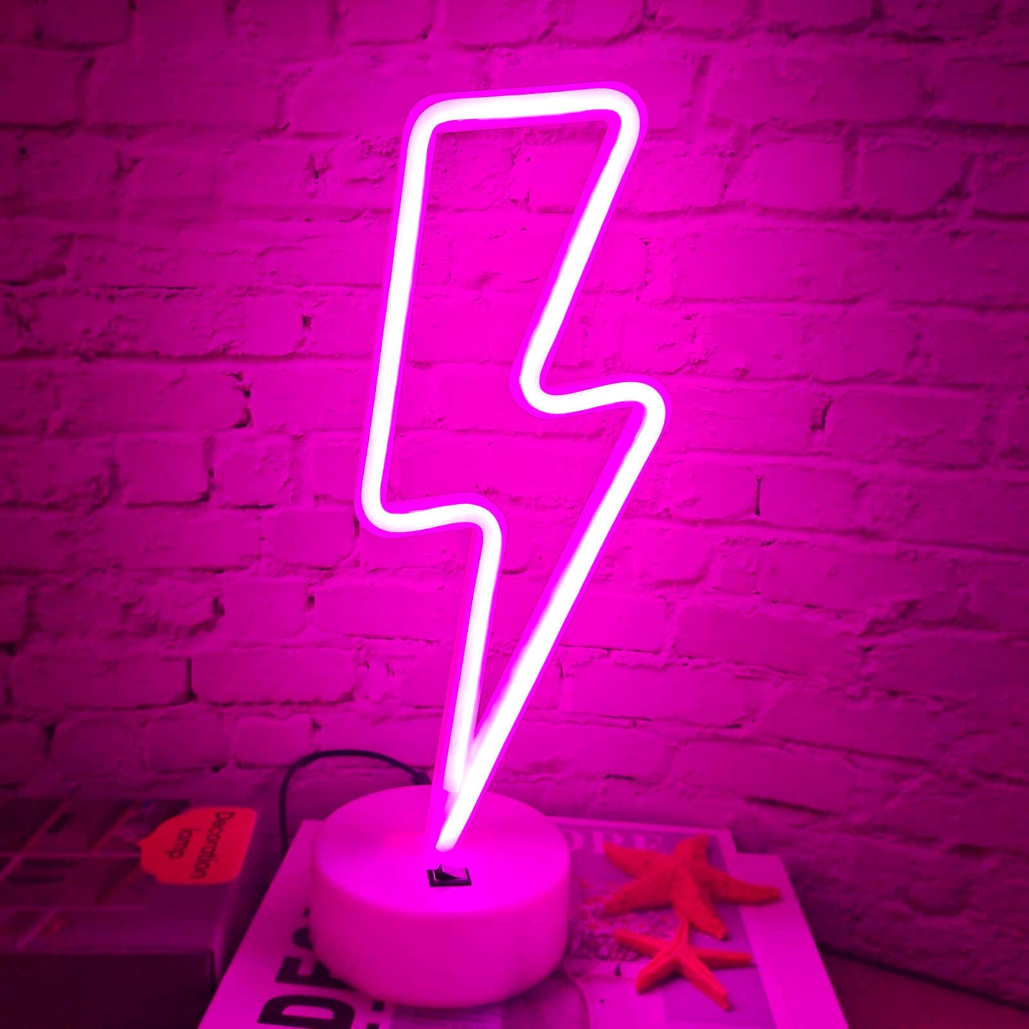 VIFULIN Pink Lightning Bolt Neon Sign, Aesthetic Room Decor for Bedroom, Battery/USB Operated LED Light with Base