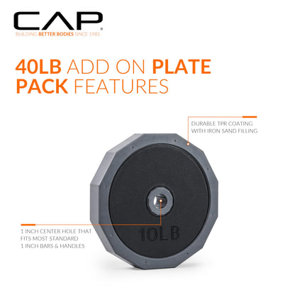 CAP Barbell 40 LB Add-On Plate Pack | Four 10 LB Standard Plates, TPR-Coated Iron Sand Filled Weight Plates | Fits 1-Inch Bars & Adjustable Dumbbell/Barbell Sets