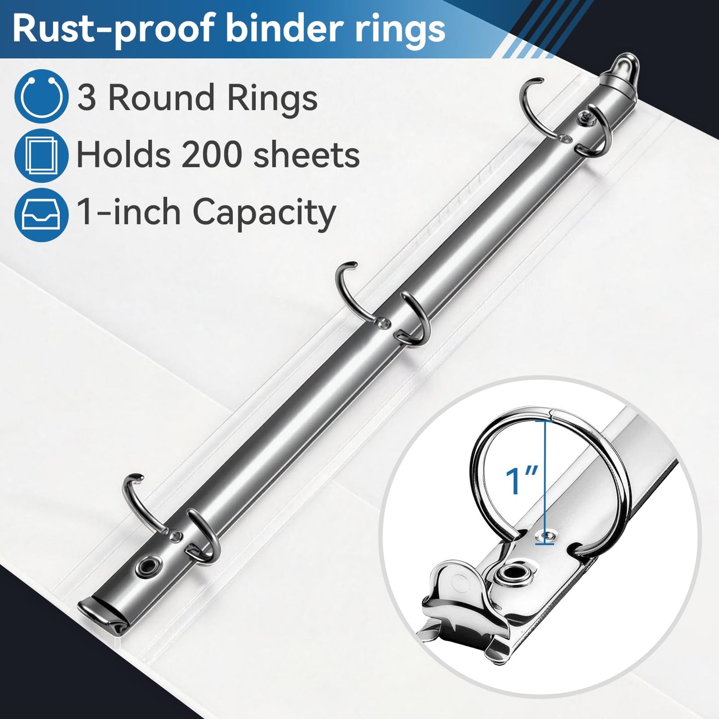 SUIN 1-inch 3 Ring Binder with 2 Interior Pockets, 1''Durable Binders Holds US Letter Size 8.5'' x 11'' Paper - Versatile Binders for Office, Home, and School Use, 6 Pack White