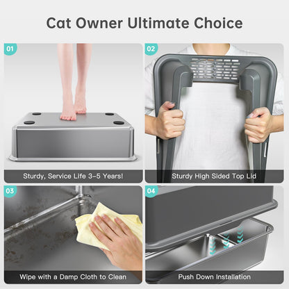 WoofiGo Enclosed Stainless Steel Cat Litter Box with Lid, XL Extra Large Litter Box for Big Cats, Metal Litter Pan High Sided, Never Absorbs Odors, Anti-Urine Leakage, Easy Cleaning, Include Scoop