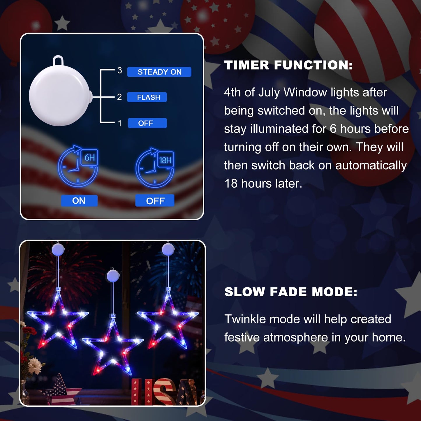 LYUBASA 3 Pack 4th of July Lights Decorations, Battery Operated, Red White and Blue, Indoor Window Star String Lights, Patriotic Decor