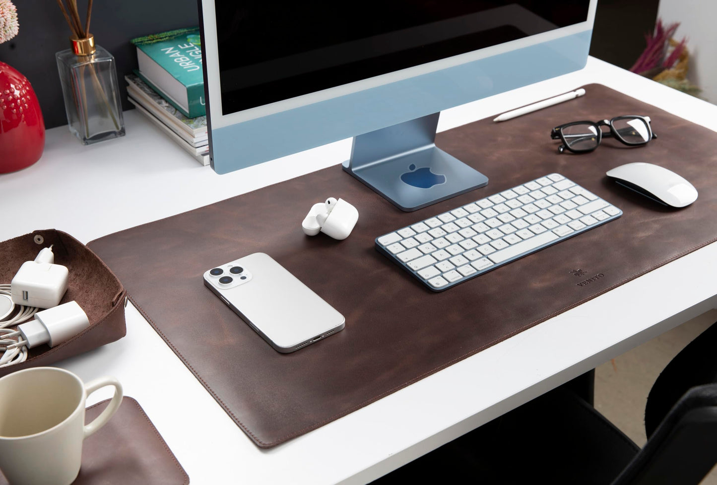 VENITO Leather 3-in-1 Desk Mat Set – Desk Mat (32"x16"), Organizer Tray & Cup Coaster – Full-Grain Leather Desk Pad for Office & Home – Elegant Workspace Accessories for Men & Women, Brown