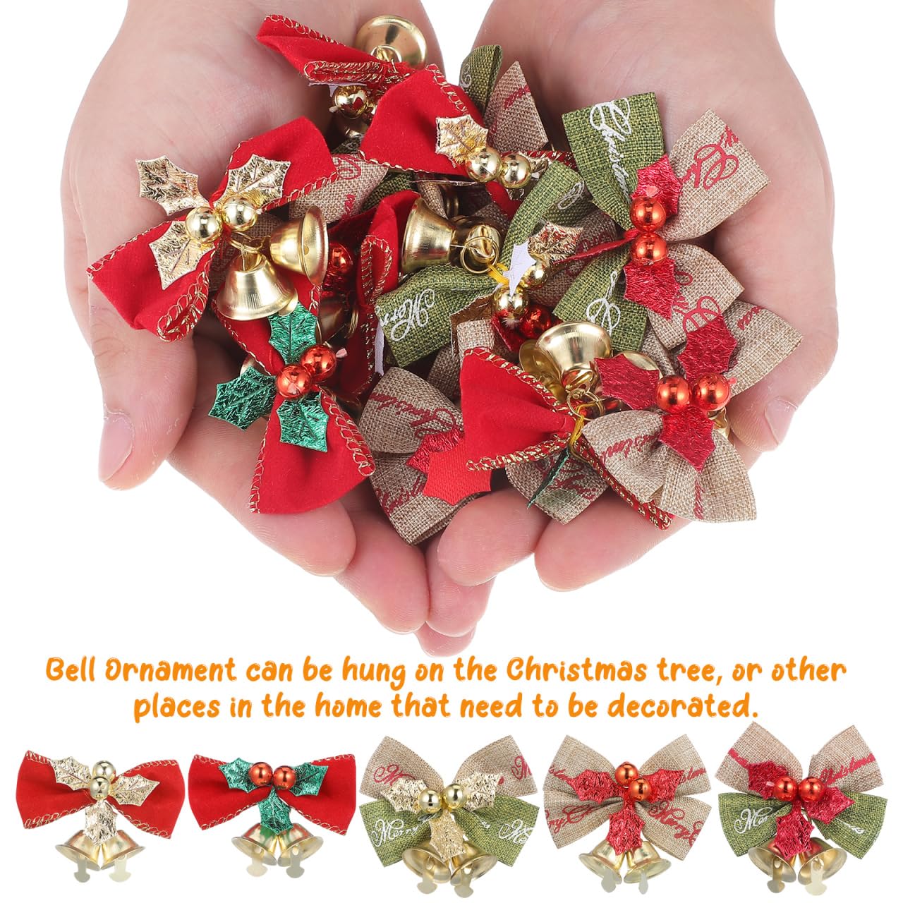 Mini Christmas Bows Ornaments with Bells: 25 Pcs Small Linen Bows and Metal Jingle Bells for DIY Crafts Xmas Tree Hanging Party Wedding Decorations 2.2 Inches
