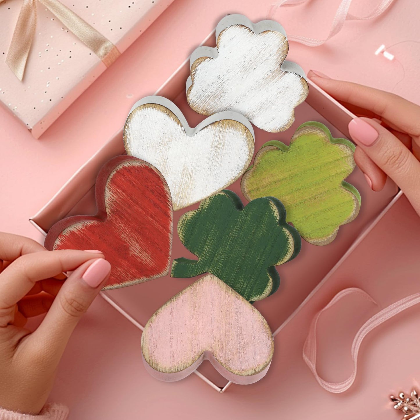 PAIVSUN 6Pcs Valentine's Day/St.Patrick's Day Tiered Tray Decorations, Double-Sided Distressed Heart and Shamrock Wooden Signs Clover Table Decor for Home Office Tabletop (Retro Mix)