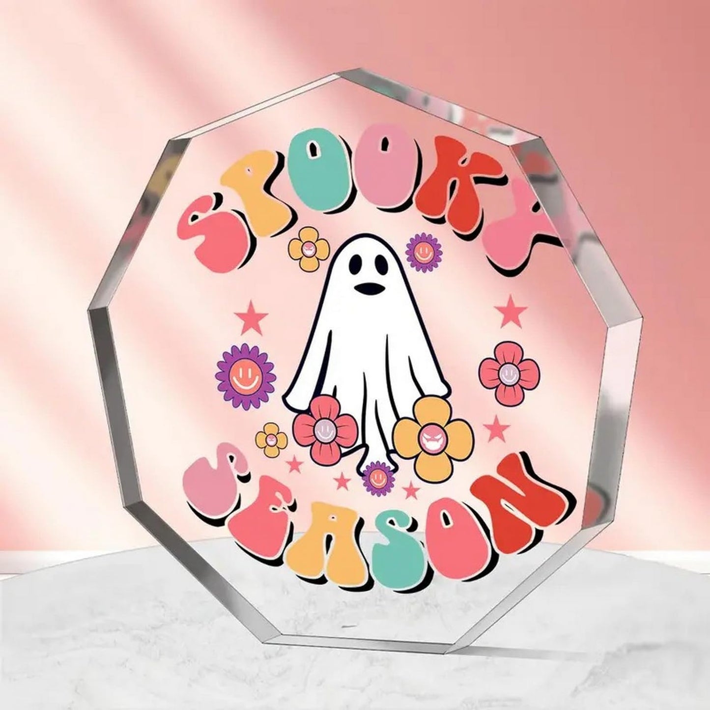 BHOOKA Cute Halloween Ornaments Clear Acrylic Enneagon Shaped Desk Sign Little Ghost & Flower Theme Plaque Happy Halloween Decorations for Holiday Party Home, Desktop Ornament Gifts