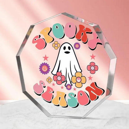 BHOOKA Cute Halloween Ornaments Clear Acrylic Enneagon Shaped Desk Sign Little Ghost & Flower Theme Plaque Happy Halloween Decorations for Holiday Party Home, Desktop Ornament Gifts