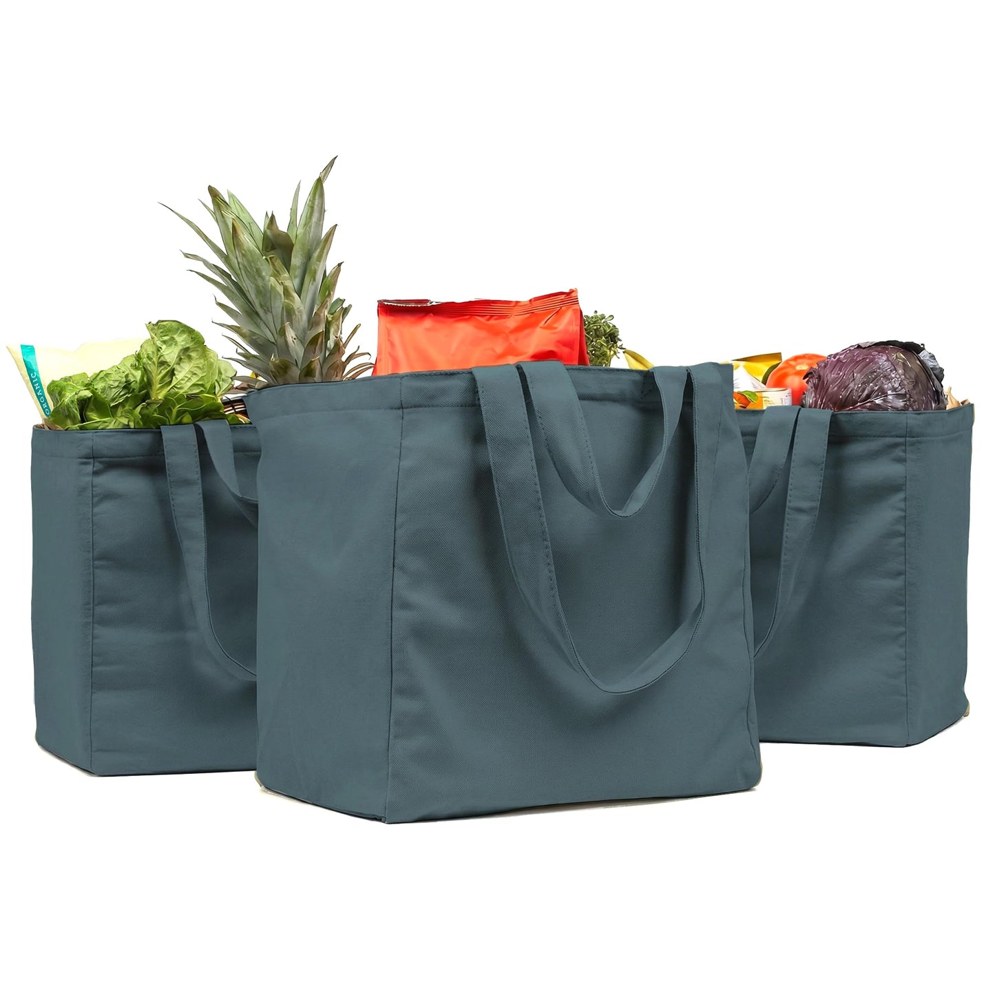 VeraMia Canvas Grocery Bag 3pc Jumbo Set with Real Pockets, Long Shoulder Strap and Short Handle. Reusable Shopping Bags for Groceries Heavy Duty, Foldable, Washable, Grocery Tote Bag (Caribbean Blue)