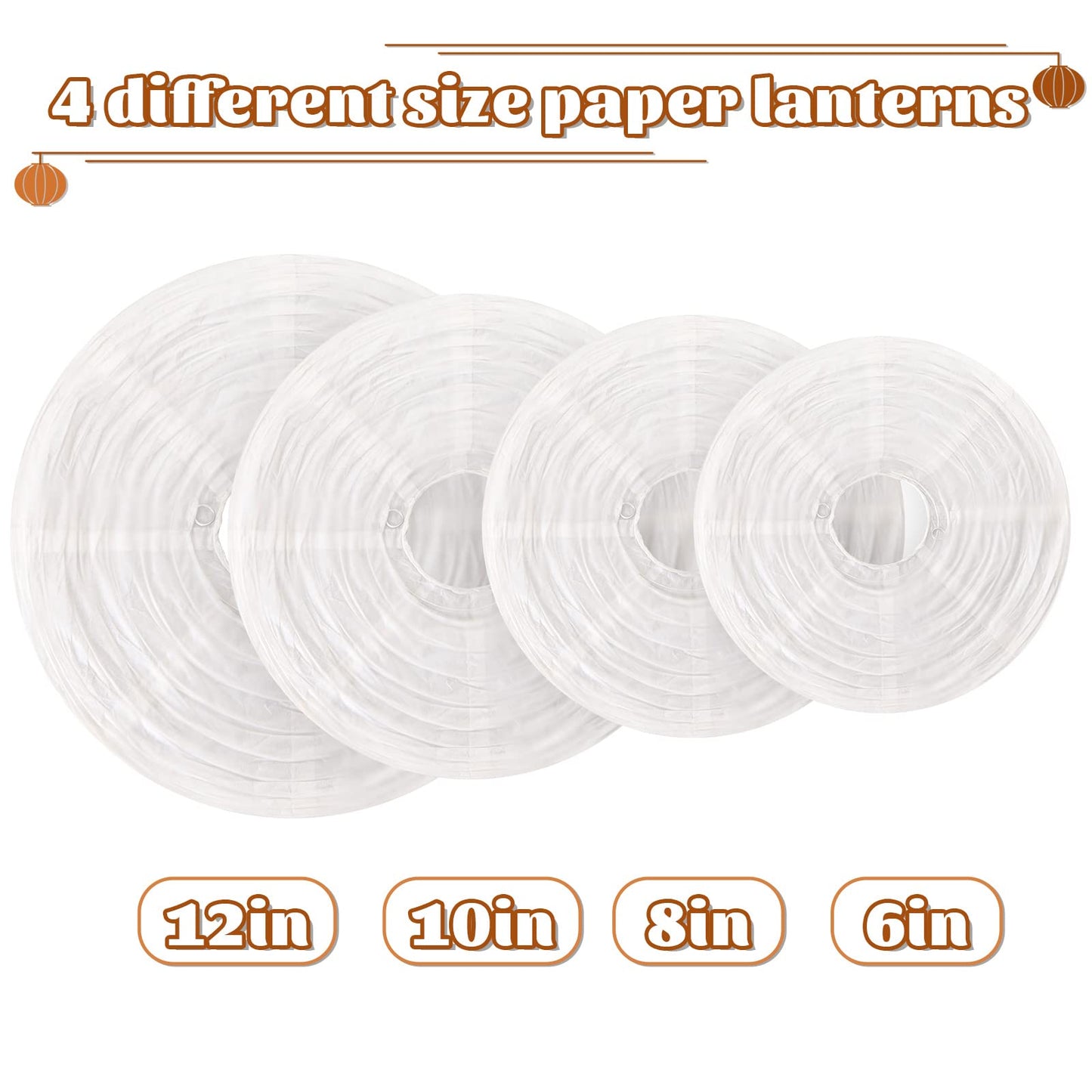 White Hanging Paper Lanterns, Round Chinese Paper Lanterns, Party Wedding Anniversary Decorations, 4 Size - 10 Pieces