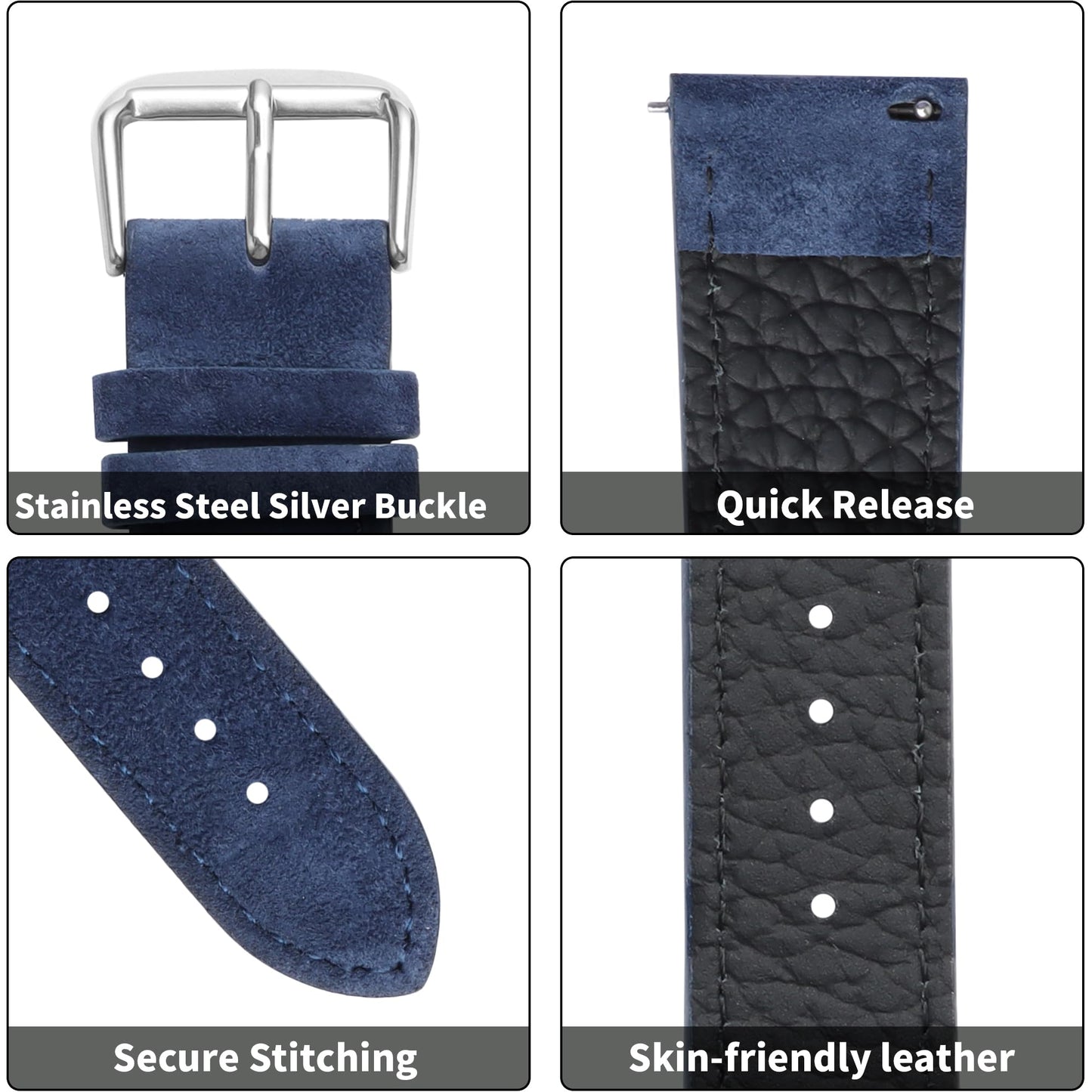 JUNGHELE Suede Leather watch bands for men and women, Quick Release leather watch strap with Silver Buckle watch leather strap, Blue 22mm watch band WBG0206