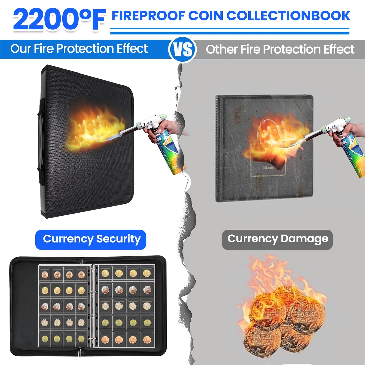 Coin Collection Supplies Holder for Collectors with Handle, Fireproof 400 Pockets Coin Collection Book & 36 Paper Money Organizer Binder for Coin Currency Collection Supplies,Pennies (Black)