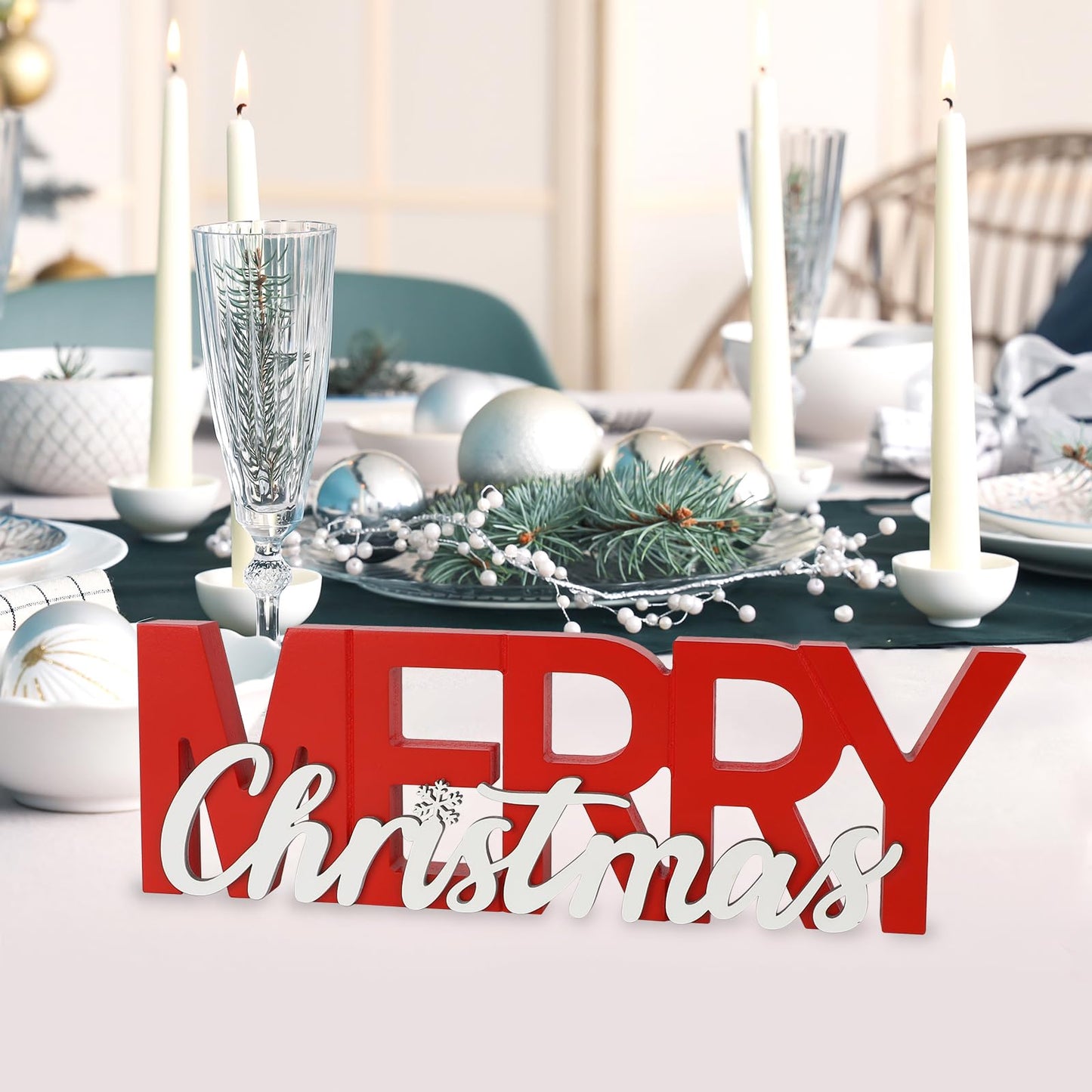 COCHIE Wooden Merry Christmas Sign, Winter Decorations for Home, Office, Shelf, Mantel, Indoor, Wood Snowflake Decor, Red White Table Top Party Decoration (Merry Christmas)