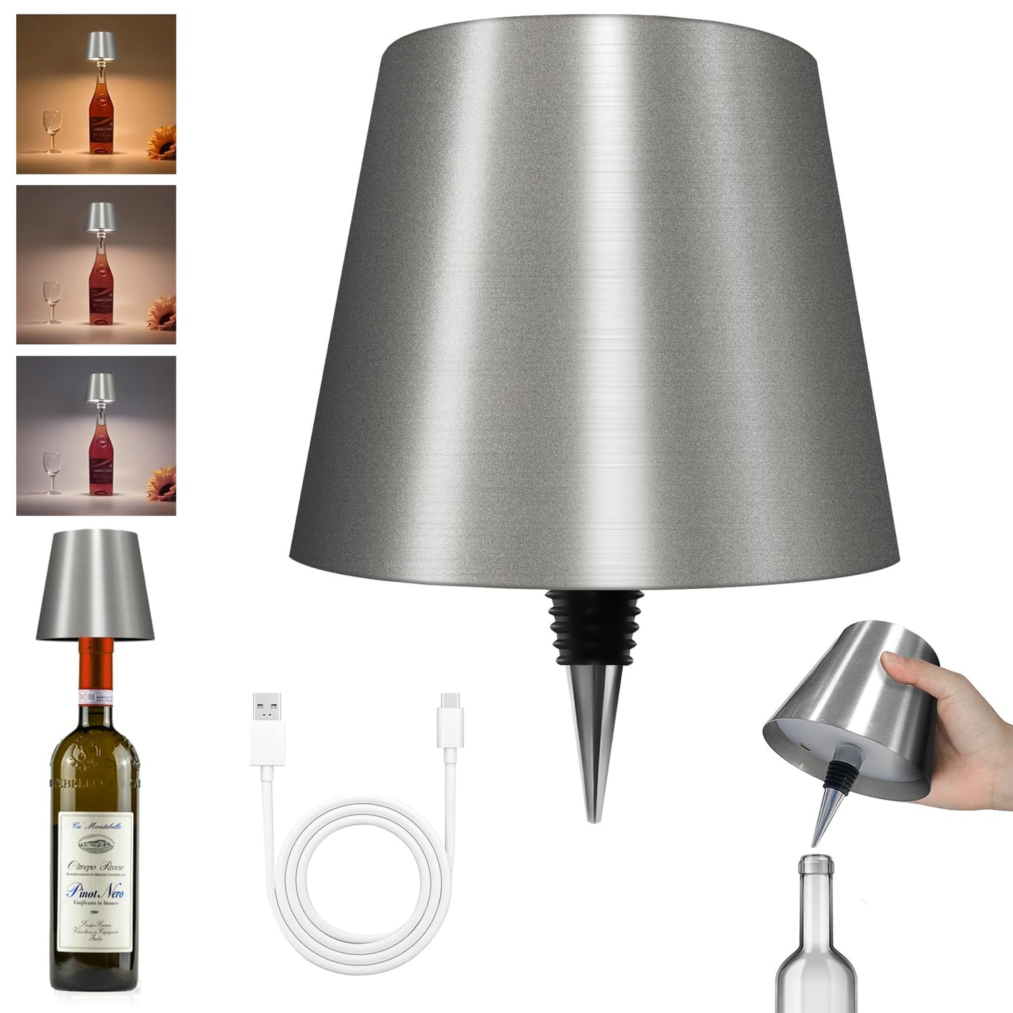 Hoide 2025 New Wireless Bottle Lamp - LED Bottle Lights for Liquor & Wine Bottles, Cordless Lampshade, Whiskey Bottle Top Light, Bottle Stopper Night Light Kit, Rechargeable 3-Tone Touch-Dimmable