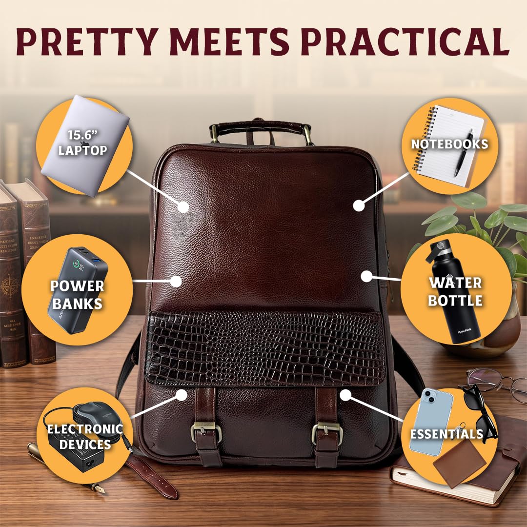 bonahide - 15.6" Luxury Burgundy Leather Laptop Backpack for Men & Women. Leather Bag for Professional Use in Office & Business
