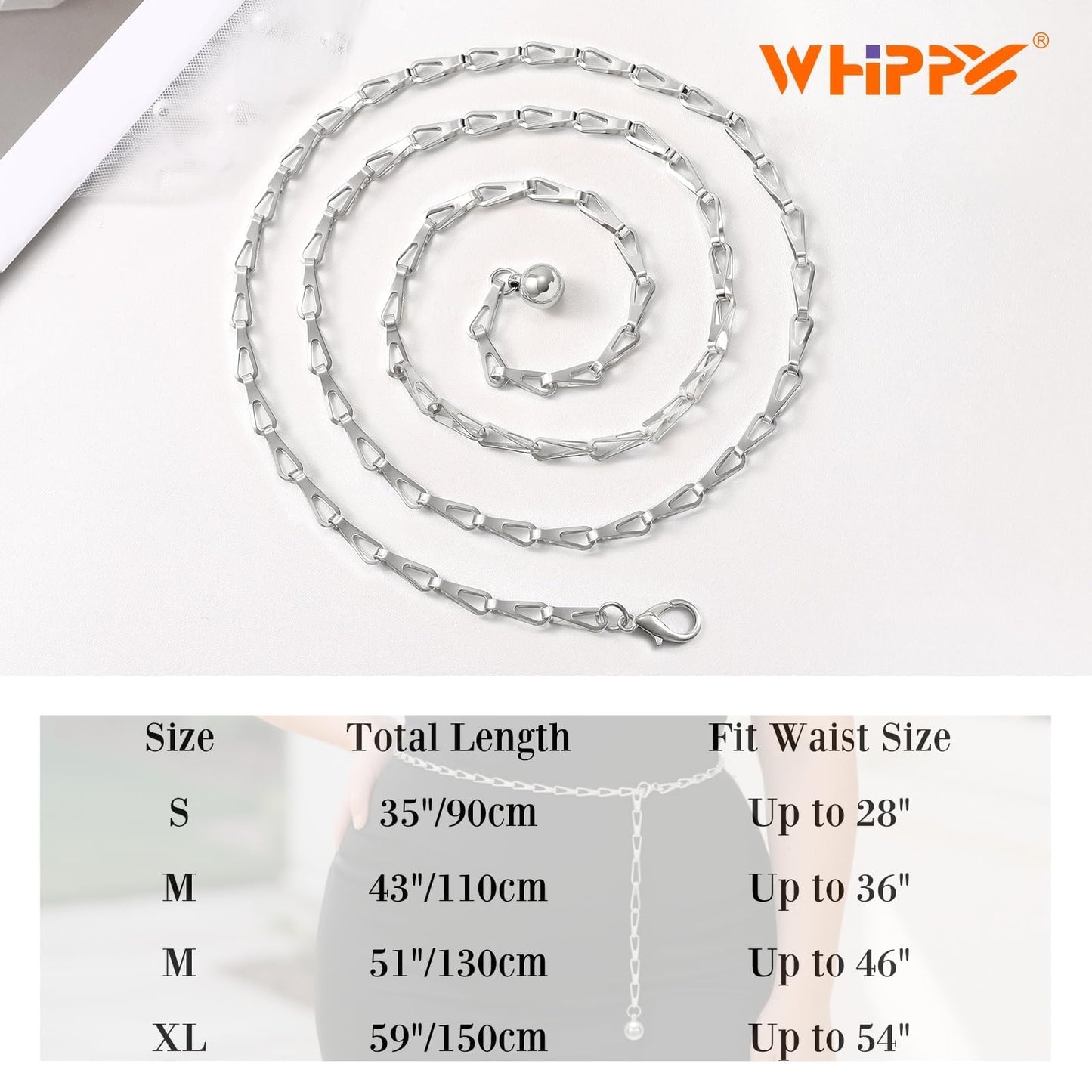 WHIPPY O-Ring Metal Waist Chain Belt Women Fashion Adjustable Body Link Belts for Jeans Dresses, Gold Link M