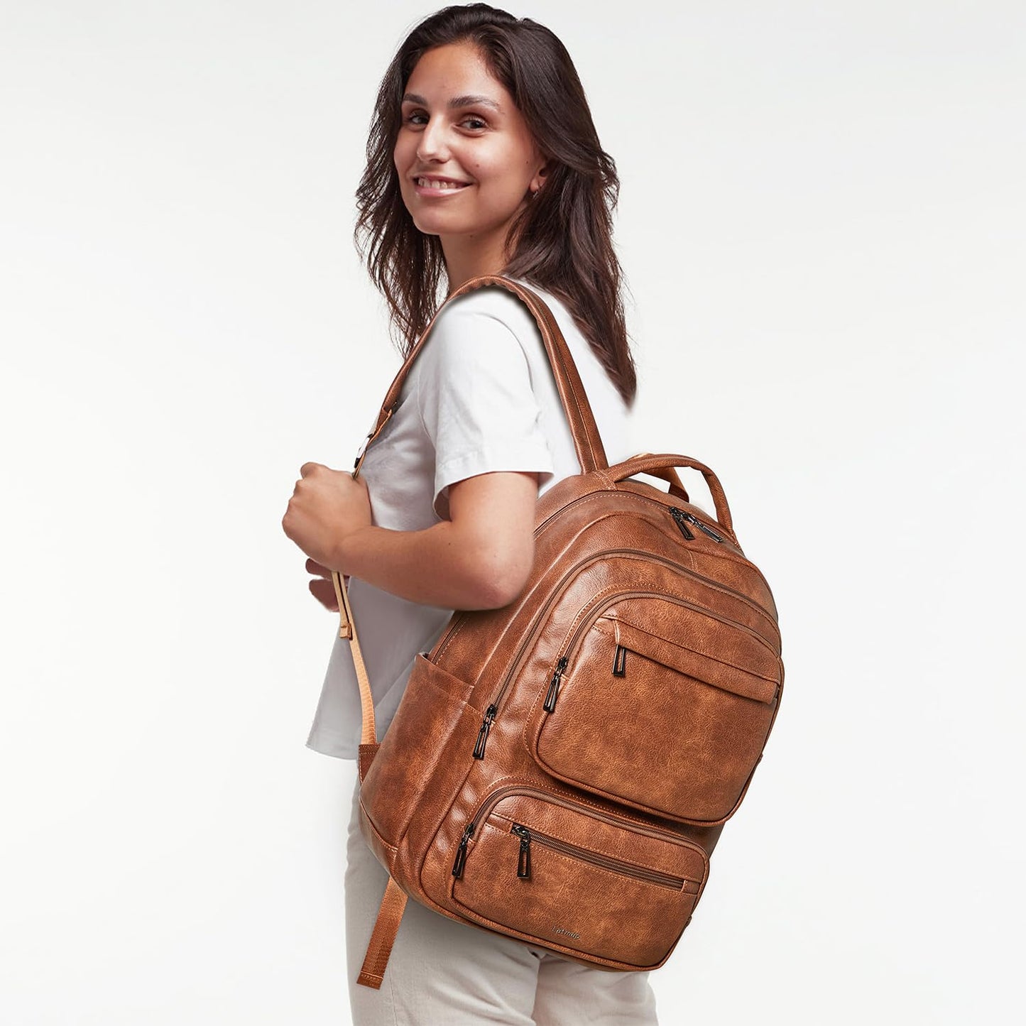 LATMAP 43L Backpack For Women Men Vegan Leather Backpack Purse Shoulder Bookbag 17 16 15.6 Inch Laptop Bag Handbags For Travel Work College Large Brown