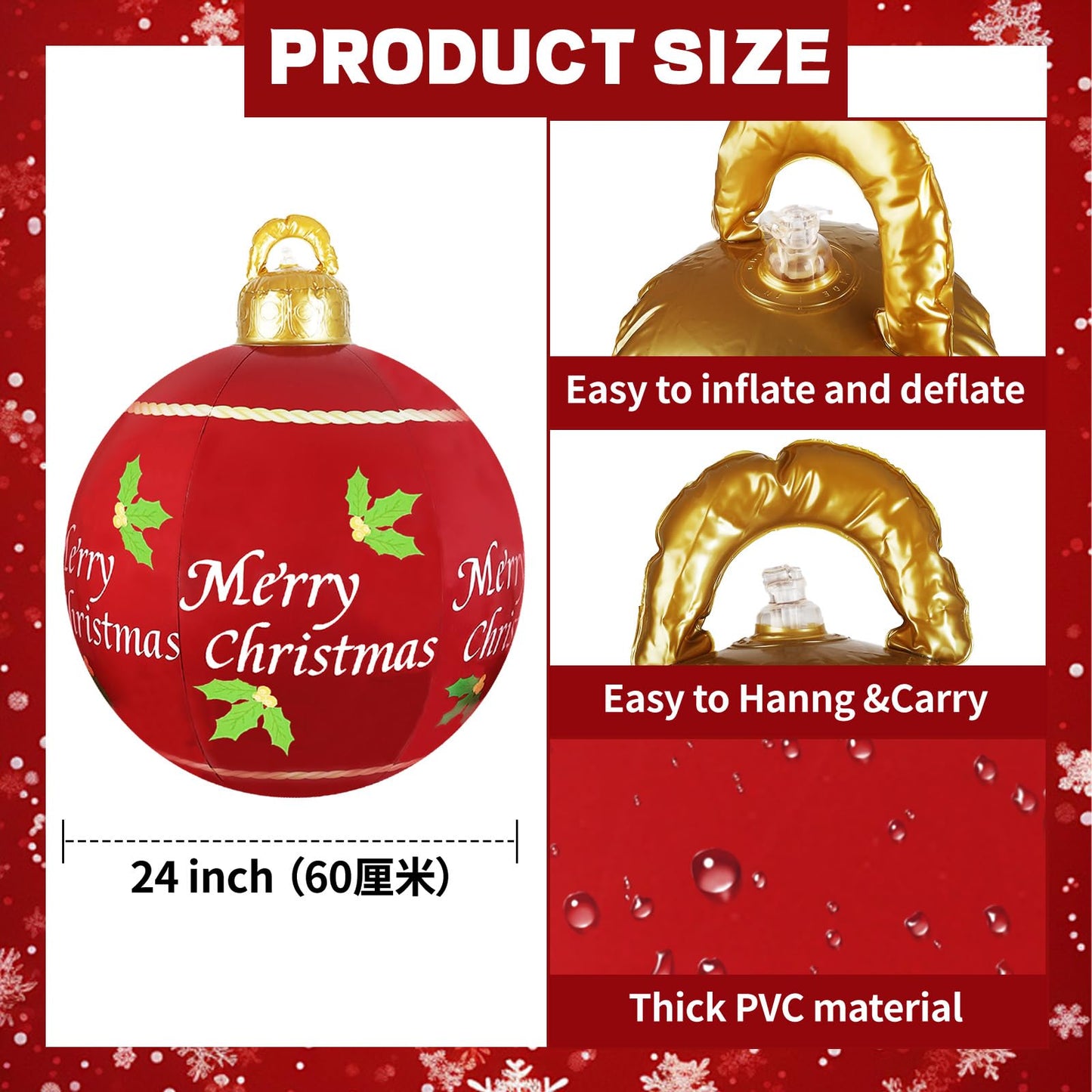 2 Pcs 24 Inch Christmas Giant Inflatable Ornaments Balls Outdoor, PVC large Christmas Hangable Blow Up Ball Decorations for Indoor Yard Porch Lawn (24" Red, 2)