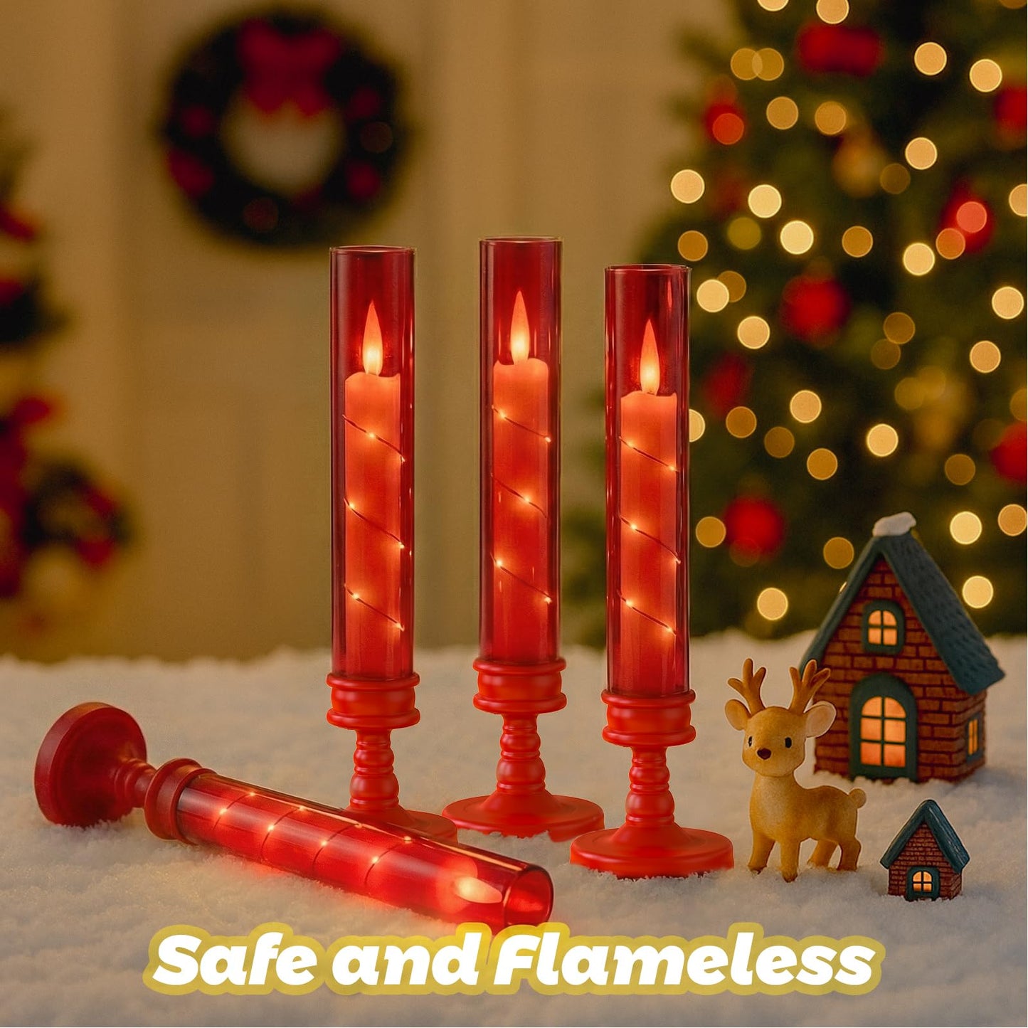 Prerish 6 PCS Flameless Candles with Timer, Flickering Flameless LED Pillar Candles for Romantic Ambiance with Embedded Star String, Acrylic Battery Perated Fake Candles for Home Decoration (Red)