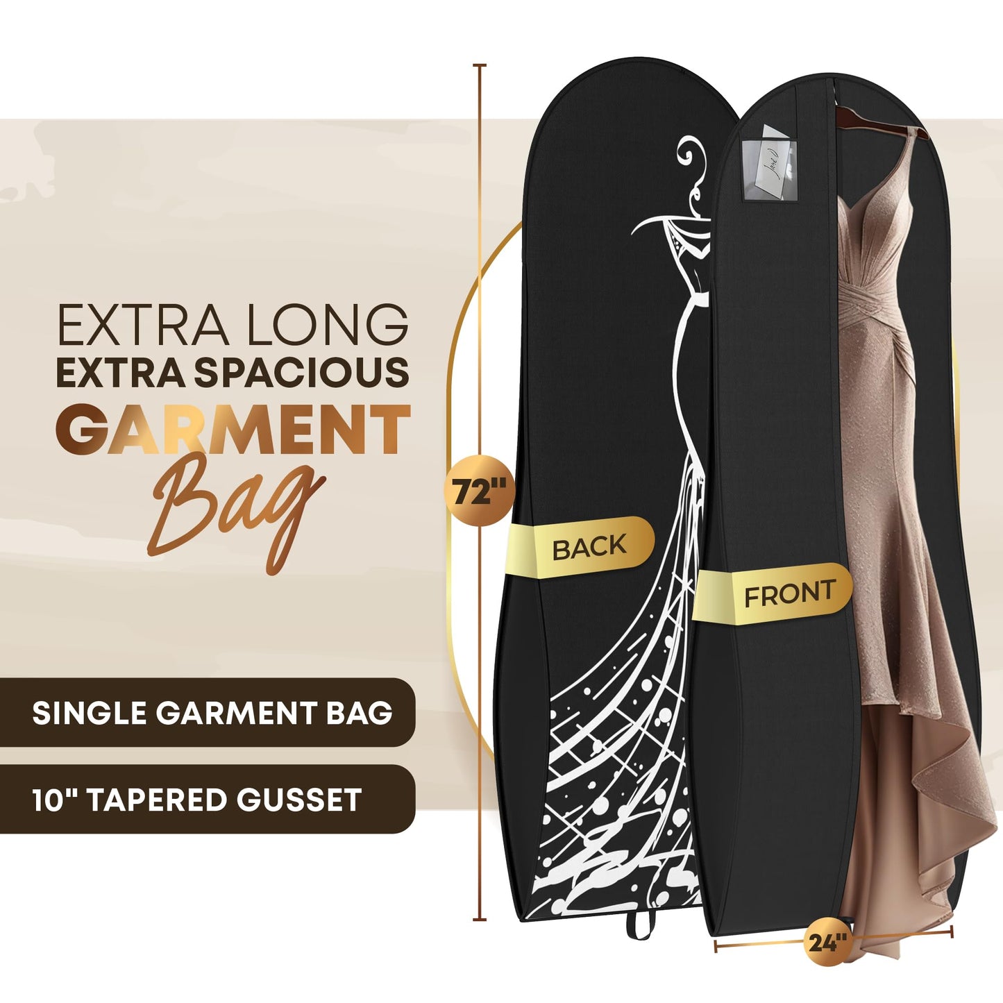 Your Bags Women’s Dress and Gown Garment Bag -72”x24” and 10” Tapered Gusset Prom Bags (Black/White Dress Print)