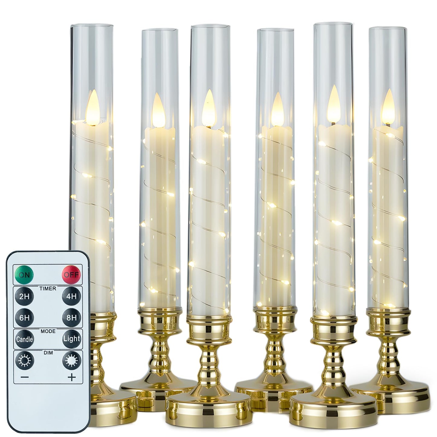 Prerish 6PCS Flameless Candles with Timer, Flickering Fake Electric LED Candles for Romantic Ambiance, Battery Operated Candles, Centerpiece Table Decorations, Wedding, Halloween, Christmas (Gold)