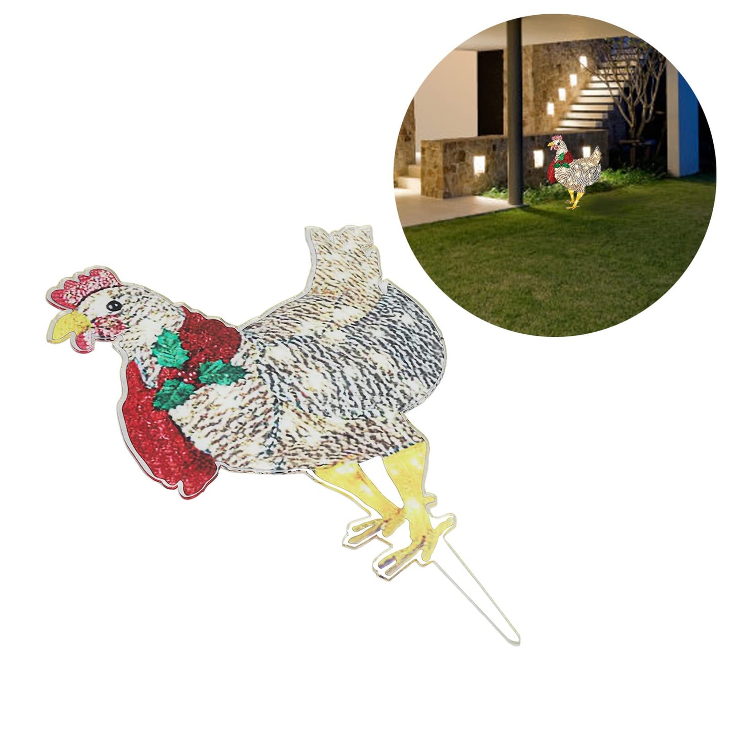Plplaaoo Light Up Chicken Christmas Decoration with LED Lights – Light-Up Chicken Ornament with Scarf, Battery Operated Outdoor Lighted Chicken Decoration for Garden or Lawn(15.7x9.8in)
