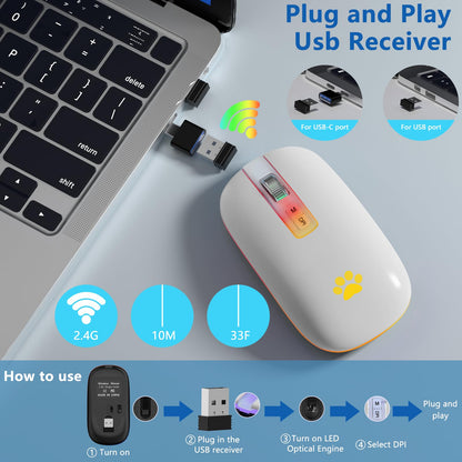 KARFUN Wireless Mouse, Backlit LED Portable Slim Computer Mouse for Laptop, PC, Computer, MacBook, iPad, Chromebook, Notebook, 2.4G Rechargeable Wireless Mouse (Black) (Black-Transparent Nose)