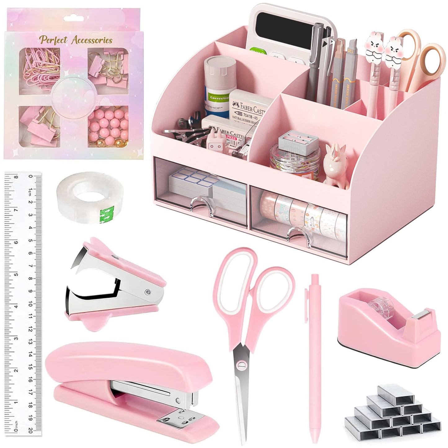 COMFYROOM Pink Desk Accessories with Pen Holder, Pink Office Supplies Desk Organizers and Accessories for women, Tape Dispenser, Stapler, Staple Remover, Staples, Clips Set, Ruler, Scissor, Pen, Tape
