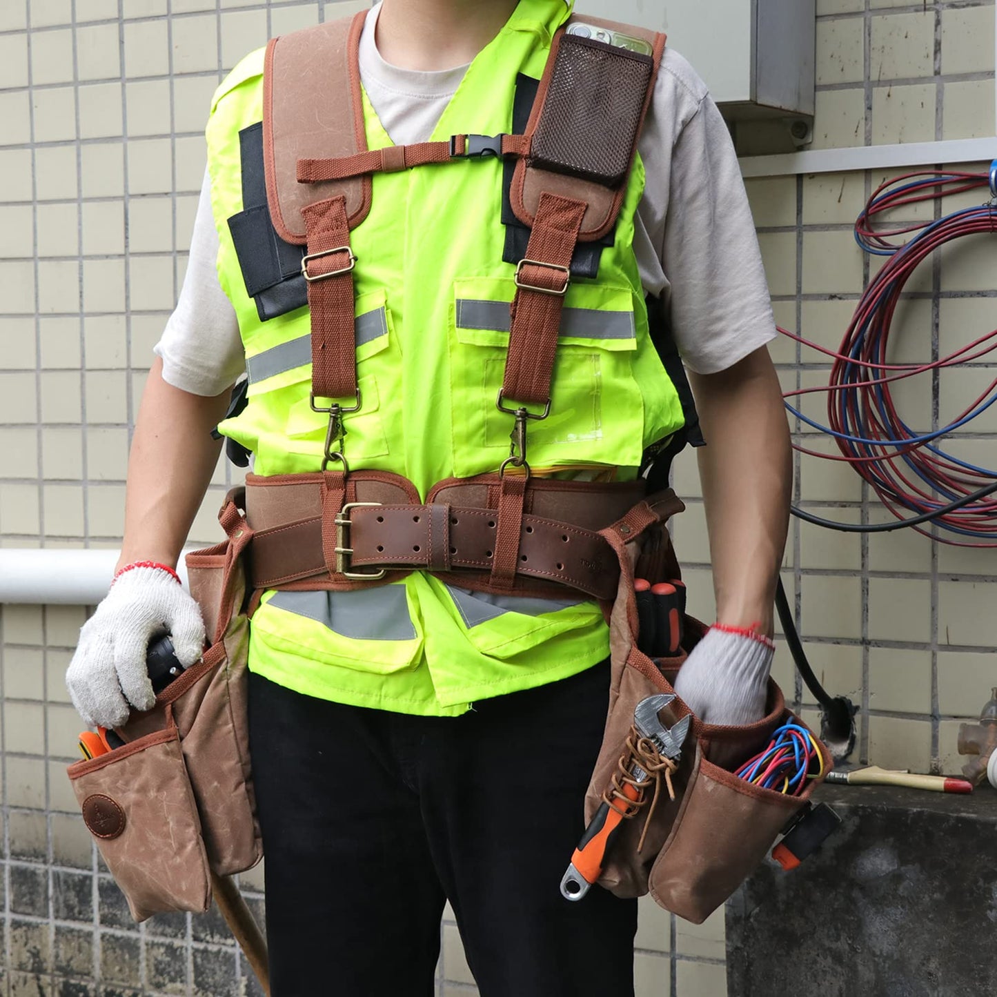 Heavy Duty Canvas Carpenter Tool Belt with Suspenders & 12 Pockets, Detachable Tool Pouch Set for Framers Construction Electricians, Padded Rig, Brown, Fits 39-46" Waist