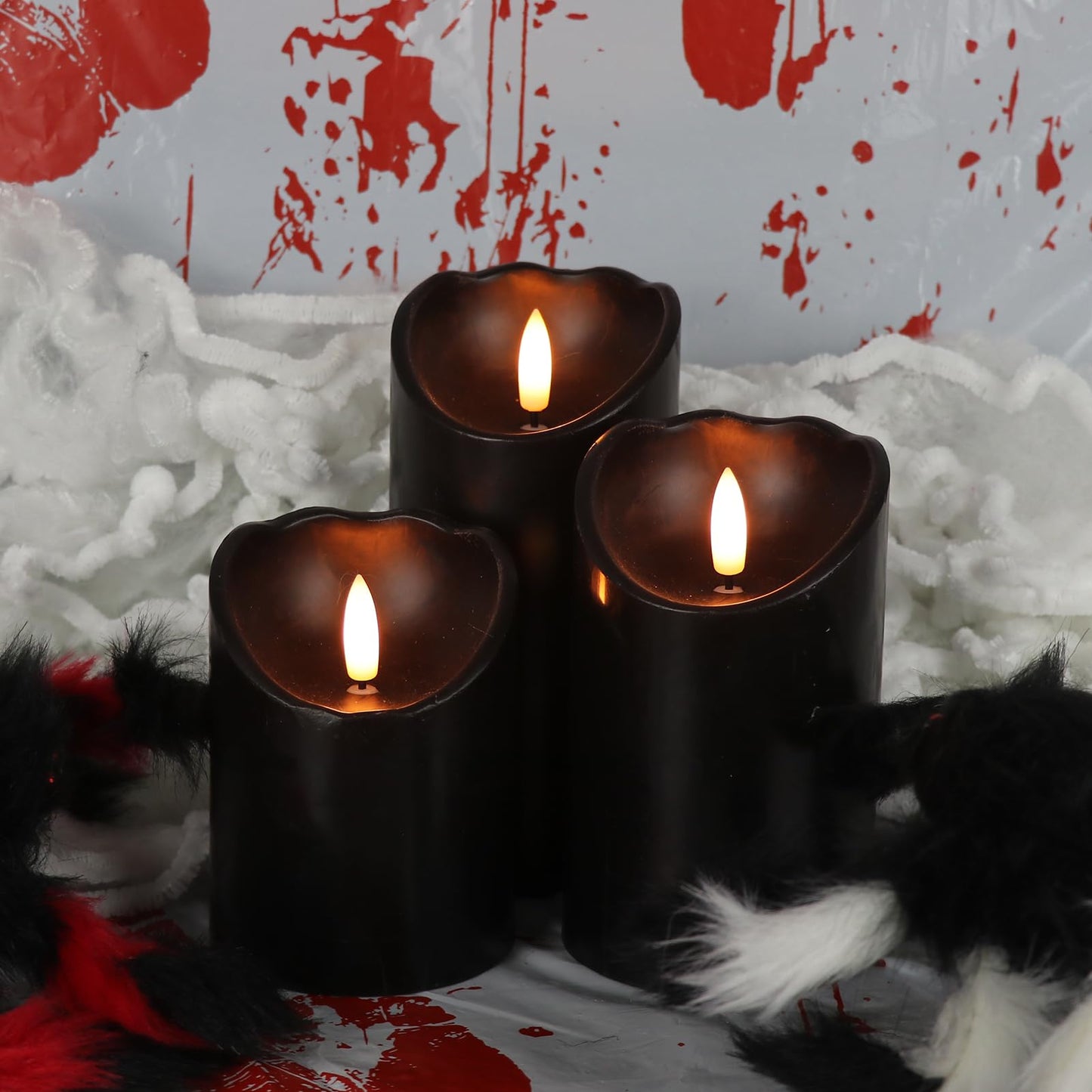 DRomance Black Flameless Pillar Candles with 6H Timer AAA Battery Powered Real Wax Wick Flickering LED Candles Hallloween Theme Home Decoration Candle 3 x 4, 5, 6 Inches