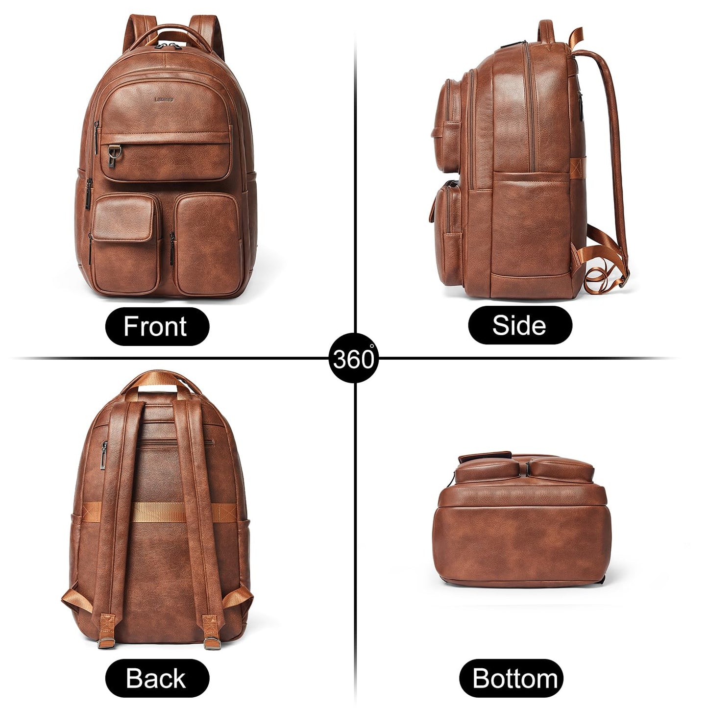 LATMAP Vegan Leather Backpack Purse for Women Men 17 Inch Laptop Backpack for Travel Multipurpose Design Ladies Work College Handbag Shoulder Bag - Brown