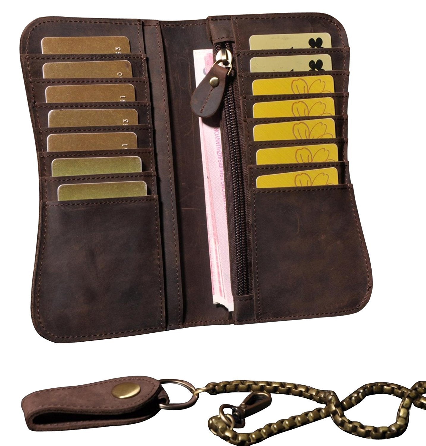 RS Mens Wallet with Chain Leather Long Bifold Trucker Wallet Vintage Biker Money Clip with Zipper(Brown w/Iron Chain)