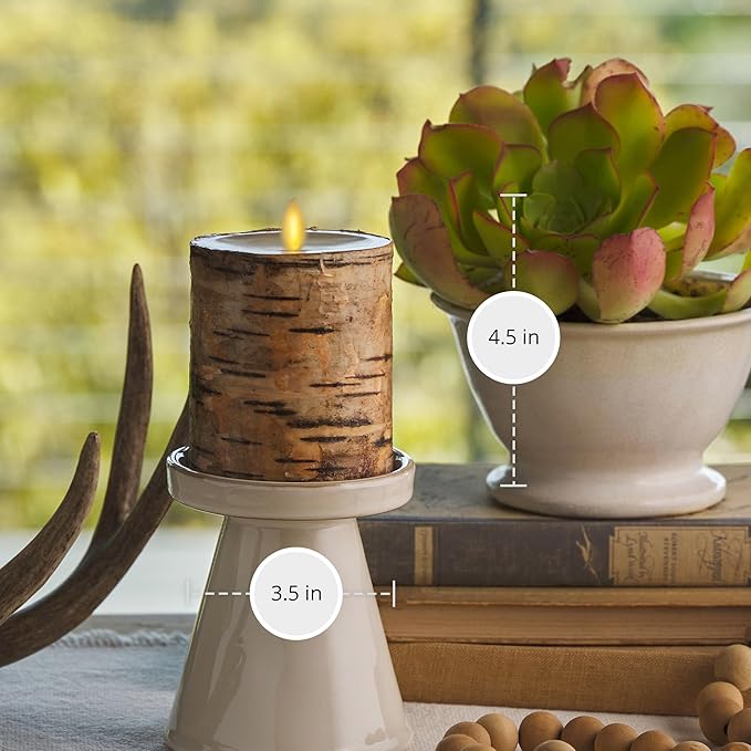 Luminara Real Birch Bark Wrapped Flameless LED Candle, 3.5" x 4.5", Battery Operated Moving Flame Pillar Light with Timer - Natural Decor Unscented