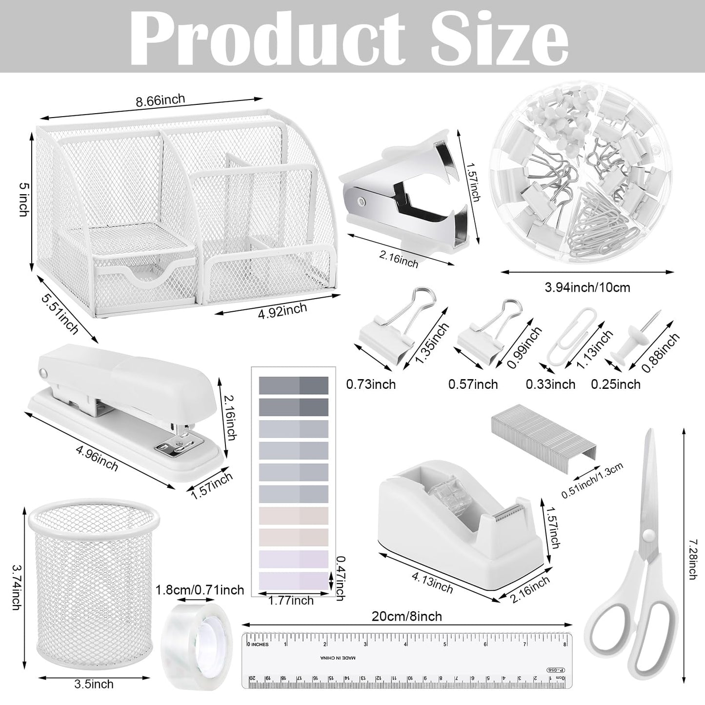 11 in 1 Desk Organizers and Accessories - White Office Supplies - Includes White Stapler, Tape Dispenser, Pen Holder, Staple Remover, Clips, Ruler, Scissors, Tapes, Tabs
