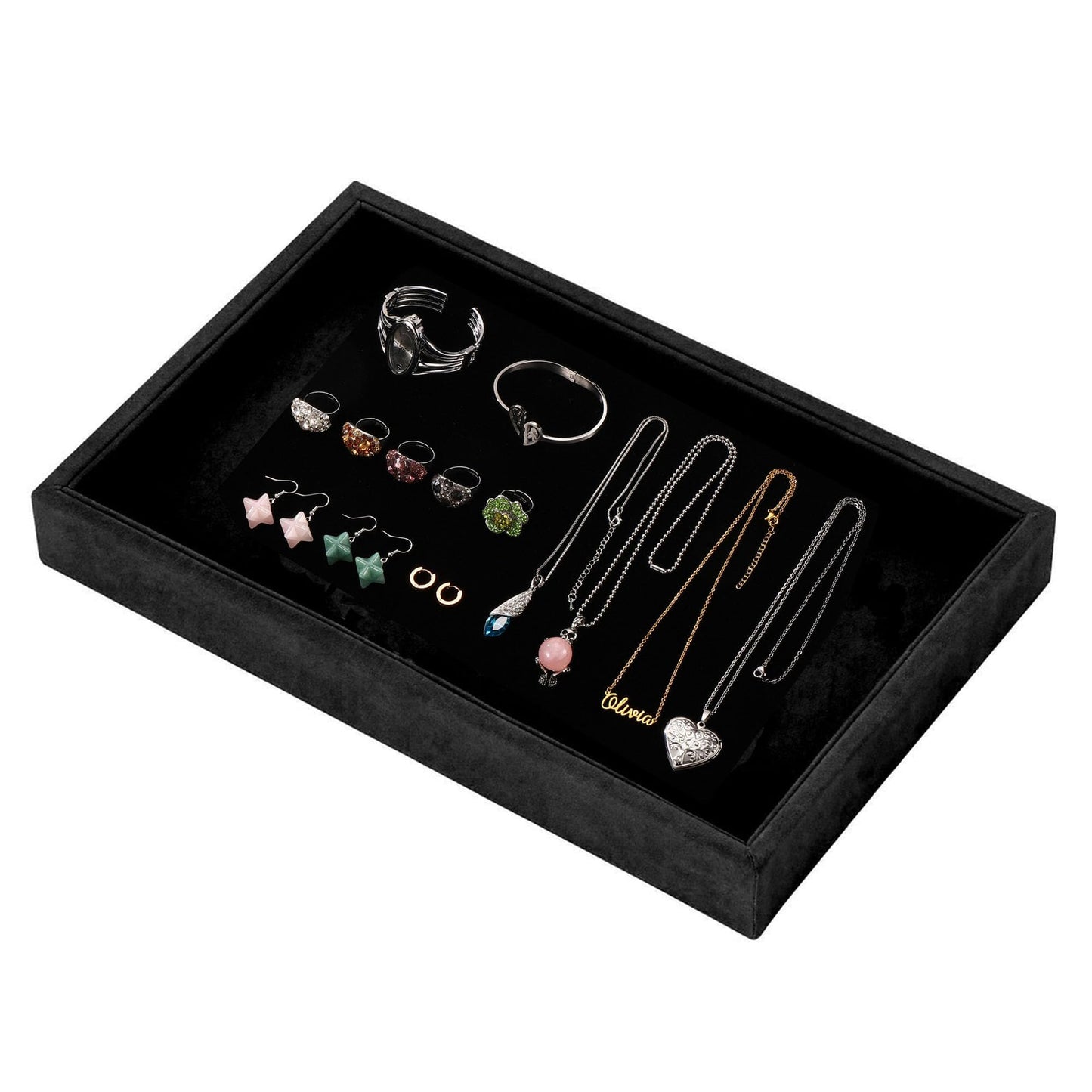 Mornajina 2 Pcs 9" x 5.7" Velvet Jewelry Tray Jewelry Display Tray, Stackable Empty Plate Trays for Earrings Necklaces Bracelet Rings Display Showcase - Black