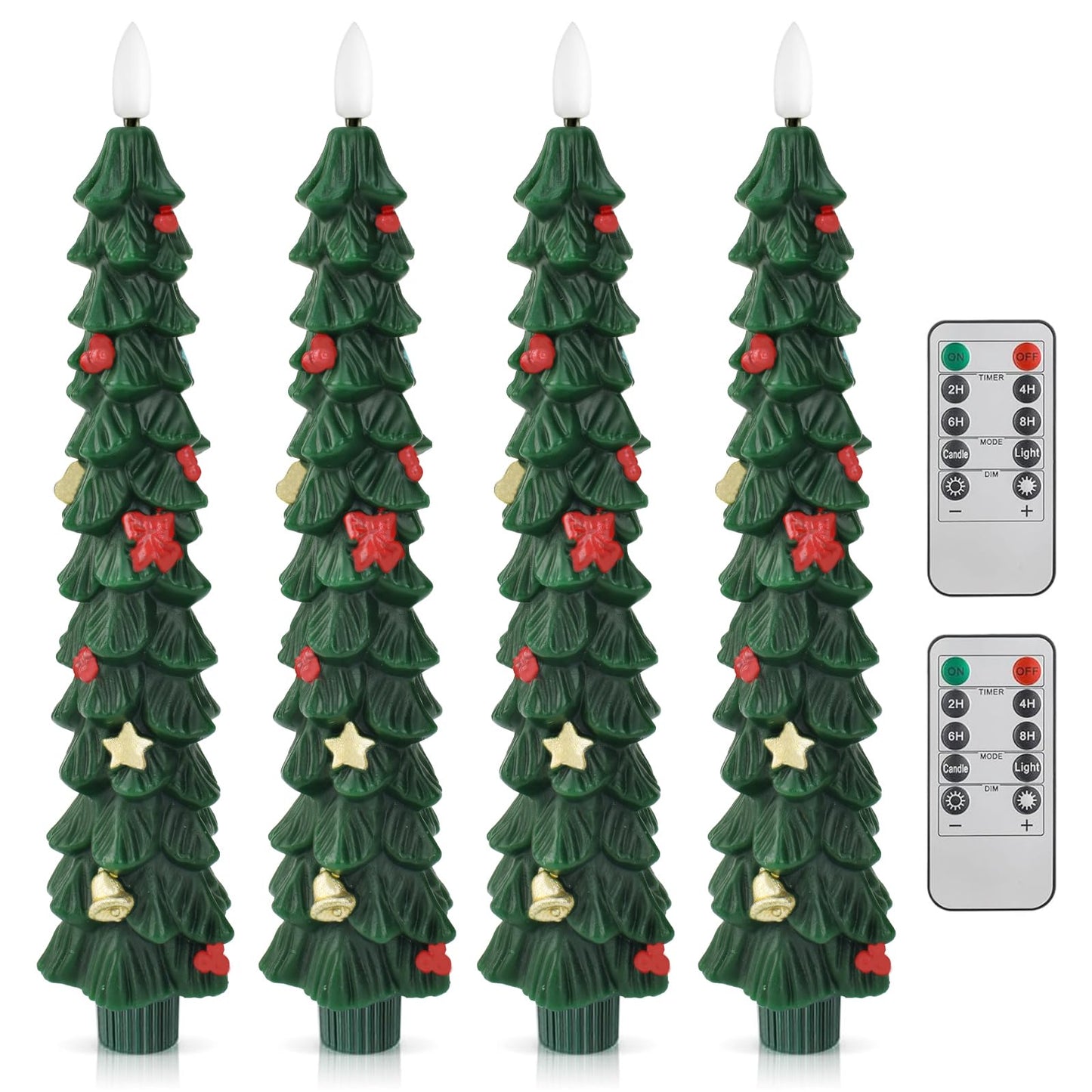 FYBW Christmas Tree Flameless Taper Candles with 10-Key Remote Timer,4 Pcs Green LED Taper Candles with 3D Flame for Holiday Dinner Decorations(Green-A)