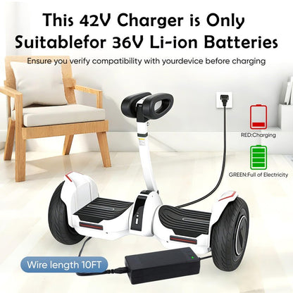 UL Certified 42V 2A 6-Prong Replacement Charger for 36V Electric Scooter & Hoverboard