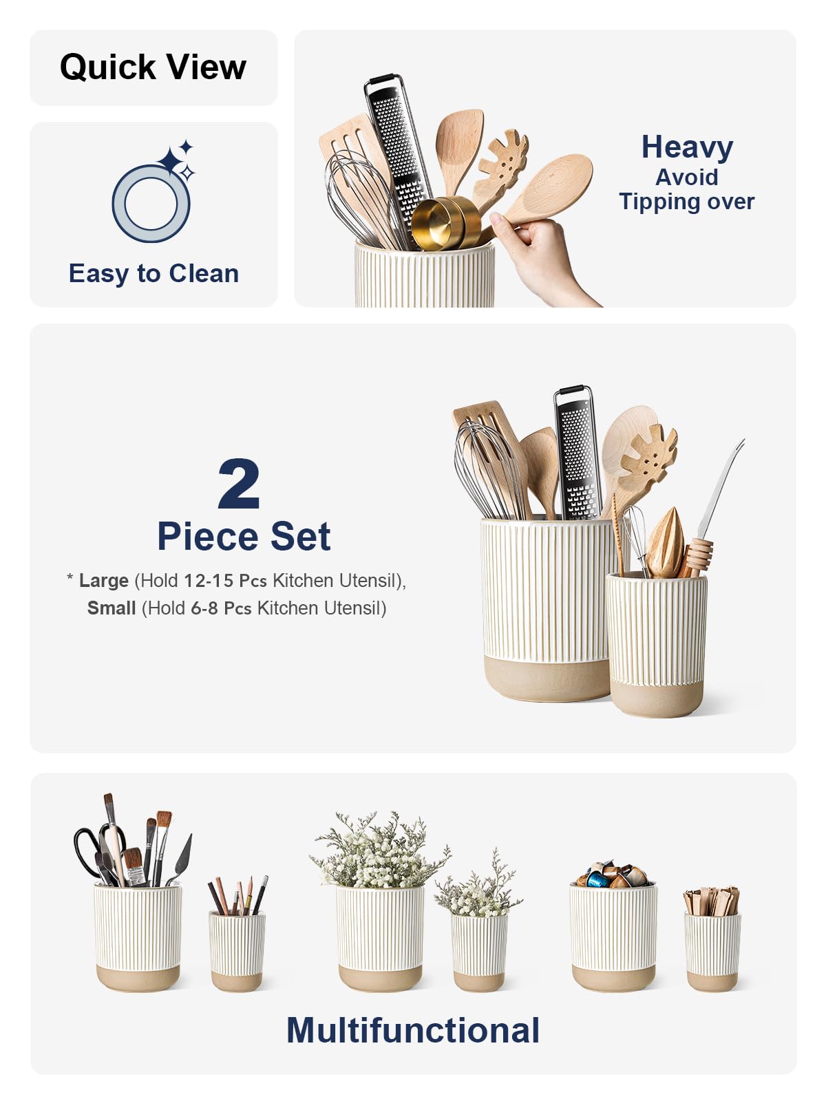 LE TAUCI Ceramic Kitchen Utensil Holder Set of 2 - 6.9"+5.3" Large Cooking Utensil Crock & Organizer for Spatula, Spoon, Whisk - Farmhouse Countertop Storage, Cream Beige, Line