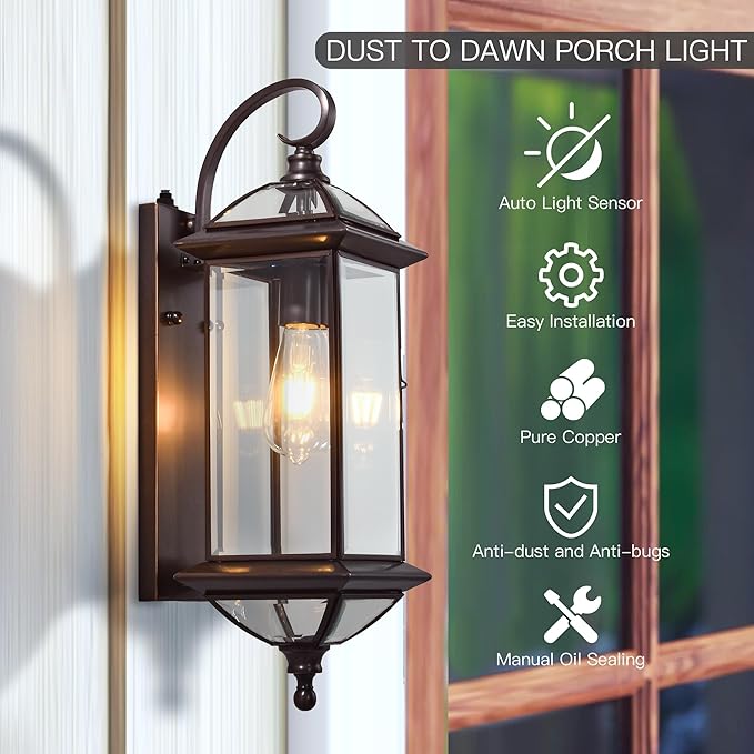 20''H Dusk to Dawn Sensor Outdoor Lighting Copper Large Porch Light Wall Mount with Tempered Glass Exterior Light Fixture for Garage,Porch,Patio,Oil-Rubbed Bronze,E26 Socket,1 Pack