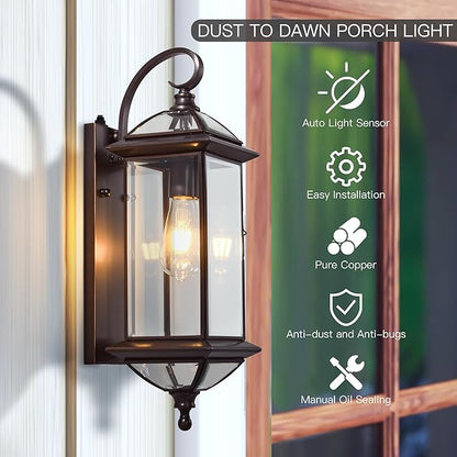20''H Dusk to Dawn Sensor Outdoor Lighting Copper Large Porch Light Wall Mount with Tempered Glass Exterior Light Fixture for Garage,Porch,Patio,Oil-Rubbed Bronze,E26 Socket,1 Pack