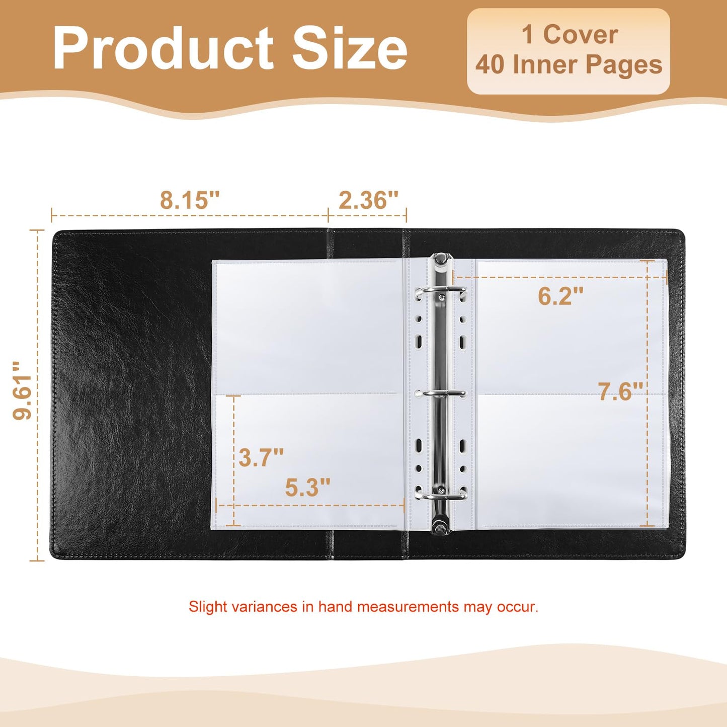 BYSTER 3x5 Index Card Holder, 40 Pack 160 Pockets A5 Binder Index Card Sleeve Pages, Ultra-Clear Protective Sleeves Faux Leather Index Card Binder for Photos, Seed Packets & Note, Side Loading