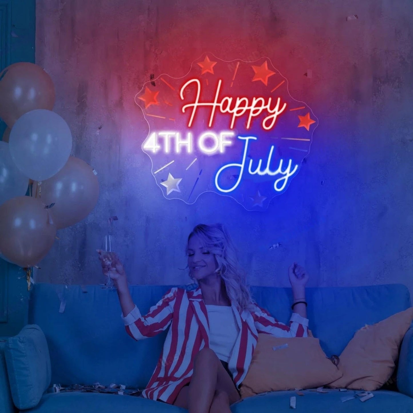 Happy 4TH of July Decors Neon Sign Happy Independence Day Led Sign 4th of July Celebration Light Patriotic Welcome Memorial Day Decoration, 15.4"x13"