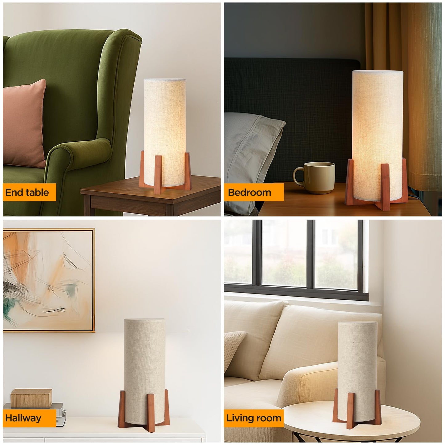 Fengarolam Modern Small Table Lamps, Nightstand Lamp with Linen Fabric Shade, 13.97" Cylinder Wood Base Bedside Table Lamp for Bedroom Office Living Room Home Decor
