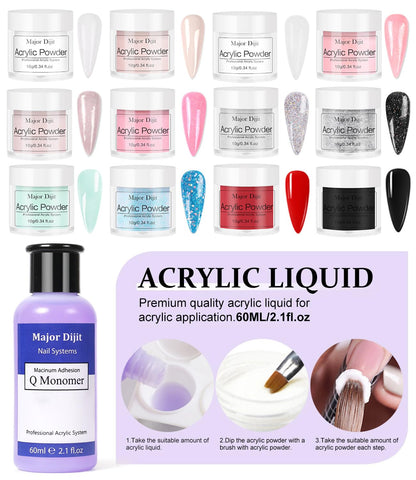 Major Dijit Acrylic Nail Kit with Nail Lamp, 0.35 oz White Clear Pink Black and More 12 Colors Acrylic Powder and Liquid Kit, Electric Nail Drill, Glitter, Nail Art Brushes,Nail Kit for Beginners