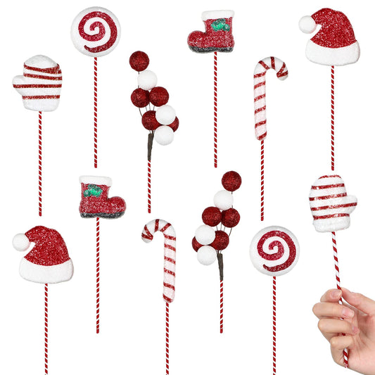 12 Pcs Christmas Candy Cane Ornaments Set Christmas Picks Glitter Lollipop Santa Hat Gloves Berries Boots Decoration with Red and White Stripes for Xmas Tree Wreath Party Supplies Vase Filler Crafts
