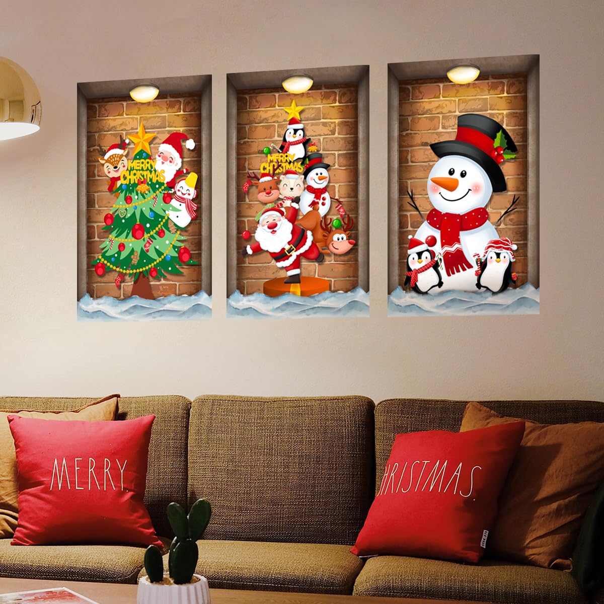 3 Pcs Christmas Wall Decals Christmas Tree Snowman Santa Claus Faux Closet Wall Stickers 3D Realistic Wall Art Mural for Xmas Holiday Festival Party Supplie