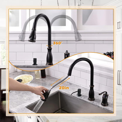 APPASO 3 Hole Kitchen Faucet with Pull Down Sprayer, Kitchen Faucets with Soap Dispenser, 3 Pieces Kitchen Sink Faucet with Separate Handle, Matte Black Kitchen Faucet 3 Hole, 218MB