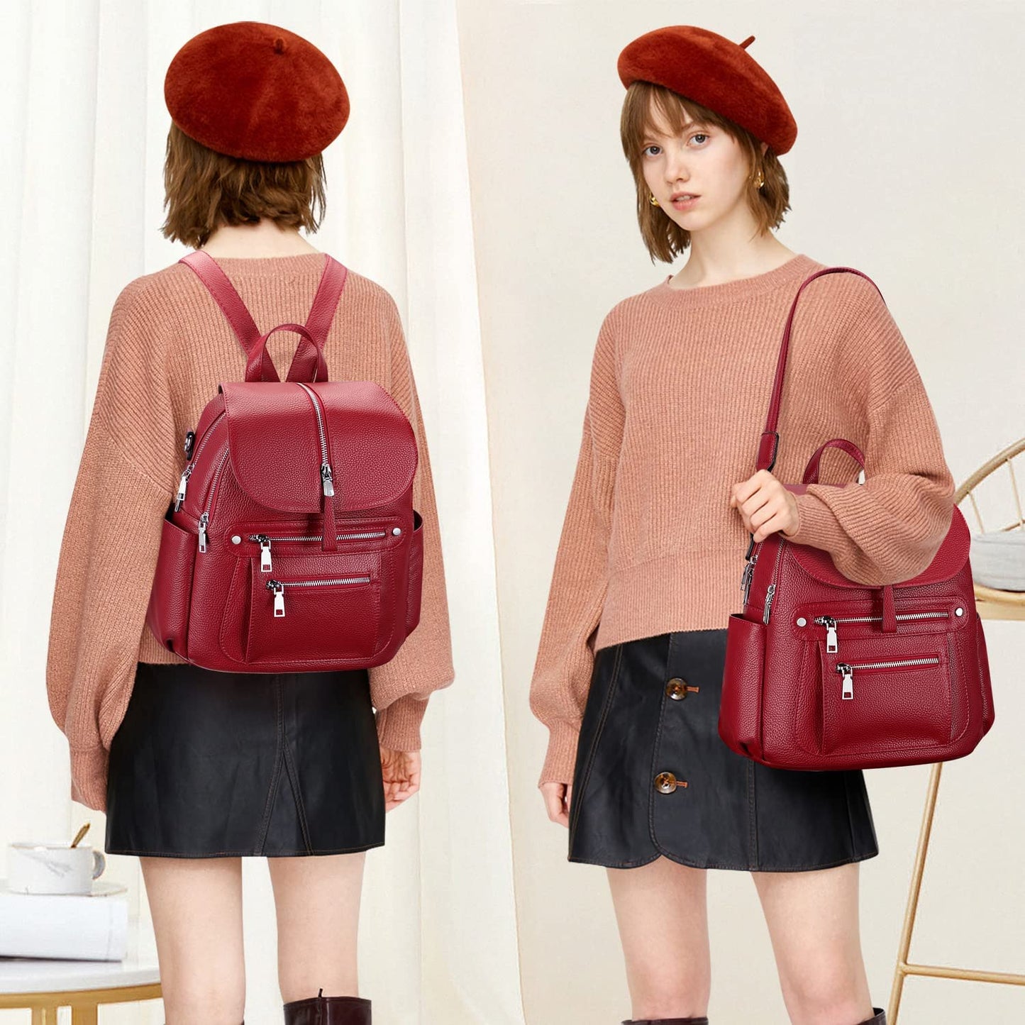 ALTOSY Leather Backpack Purse for Women Fashion Casual Handbag with Multi Pockets and Flap (S107 Wine Red)
