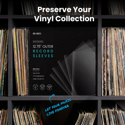 EVEO 100 Vinyl Record Sleeves Outer – Crystal Clear Outer Vinyl Sleeves LP Album Covers 12.75"x12.75" | Perfect Fit Protective 3 Mil Protection for Single & Double LPs - Archival Quality