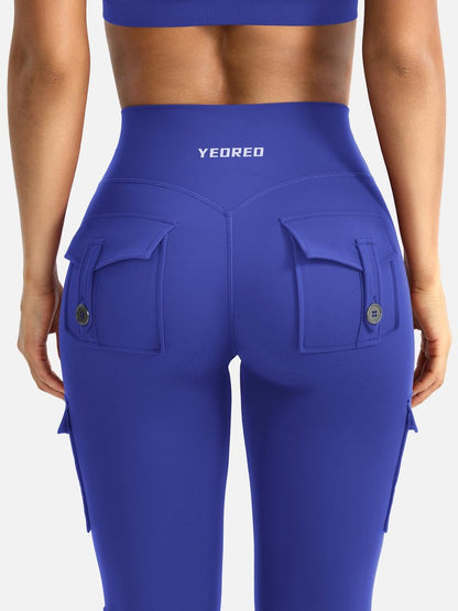 YEOREO CoreFlex Women Workout Flare Leggings with Pockets Scrunch Cargo Gym Yoga Leggings 28" Inseam Dazzling Blue XXL
