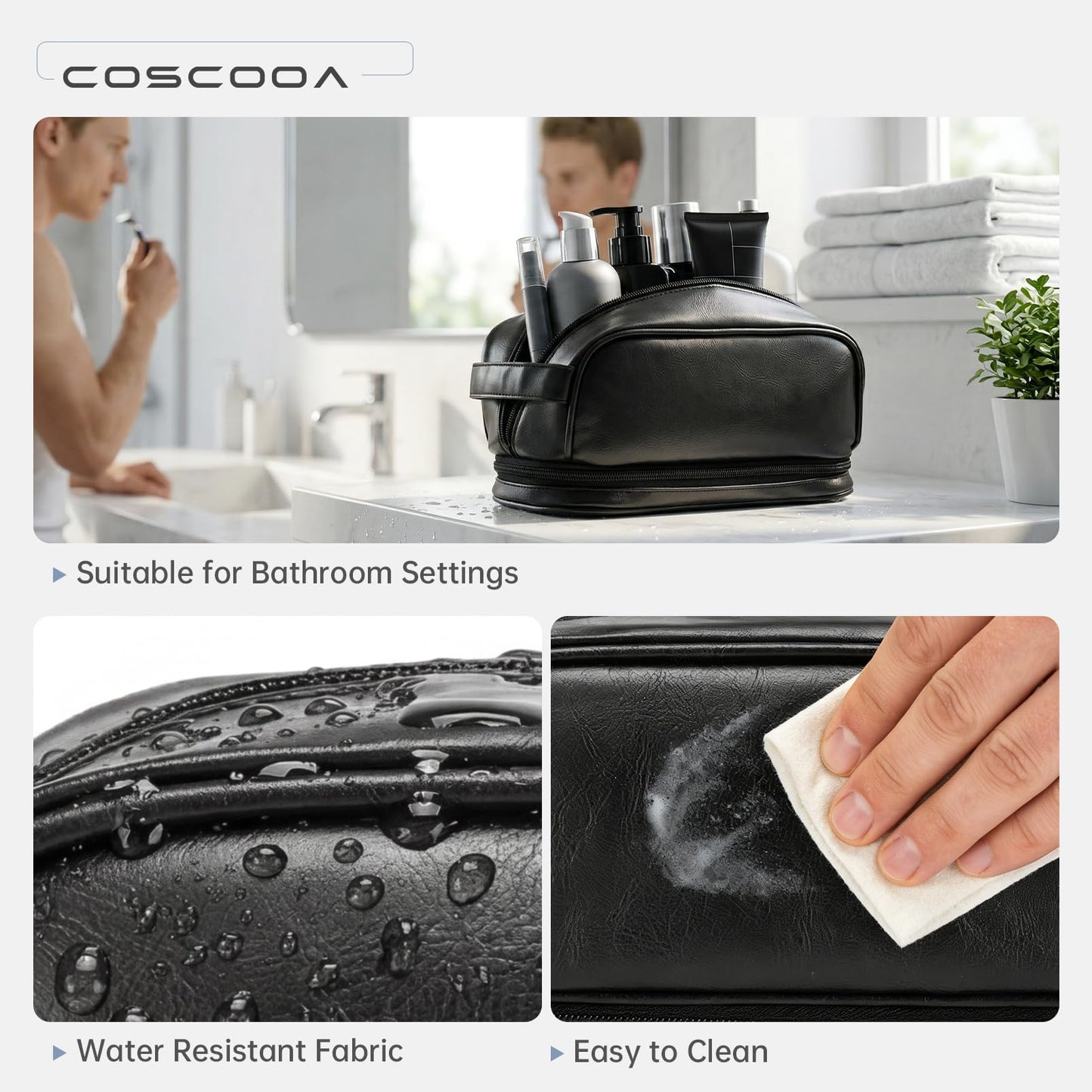 COSCOOA PU Leather Toiletry Bag for Men, Water Resistant Mens Hanging Toiletry Travel Makeup Bag, Travel Essentials Shaving Bag with Large Capacity Suitable for Bathroom Settings, Black